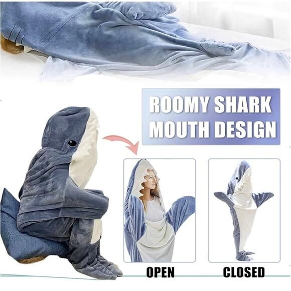 Hooded Fleece Shark Blanket Sleeping Bag One Piece Gray White Unisex Kids Large - Picture 4 of 15